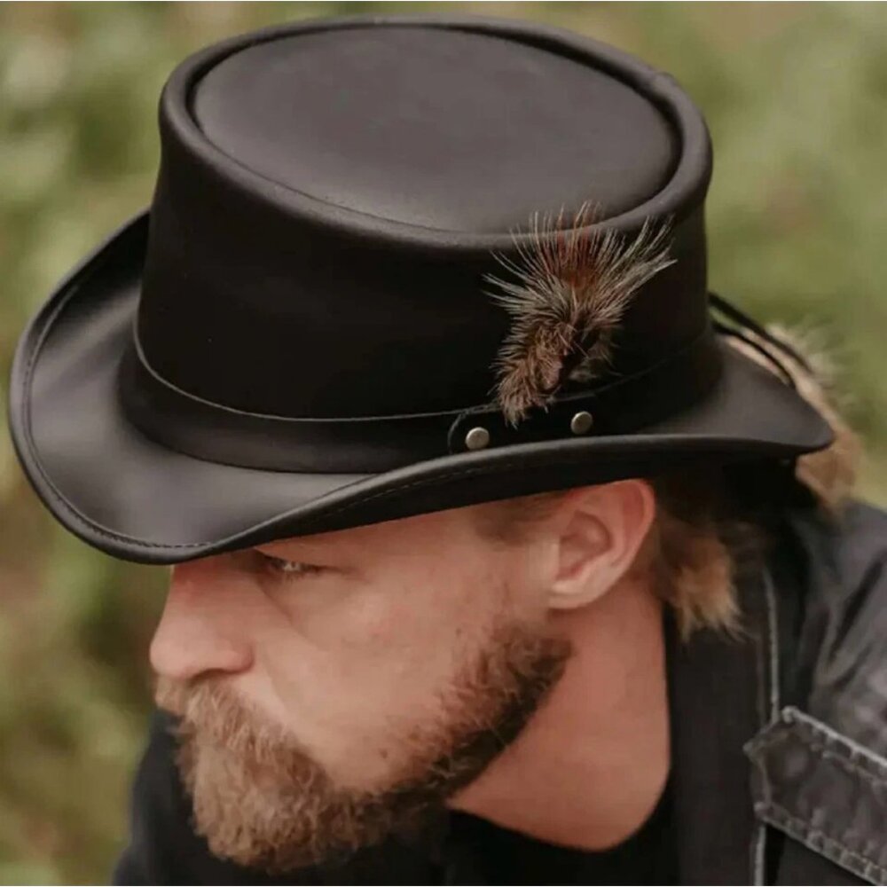 Mens XXL Black Cowhide Leather Top Hat Marlow with LT Band Feather Deerskin Laci